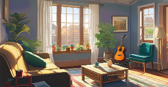 A person playing a ukulele on a sofa with sunlight streaming through a window, creating a warm atmosphere.