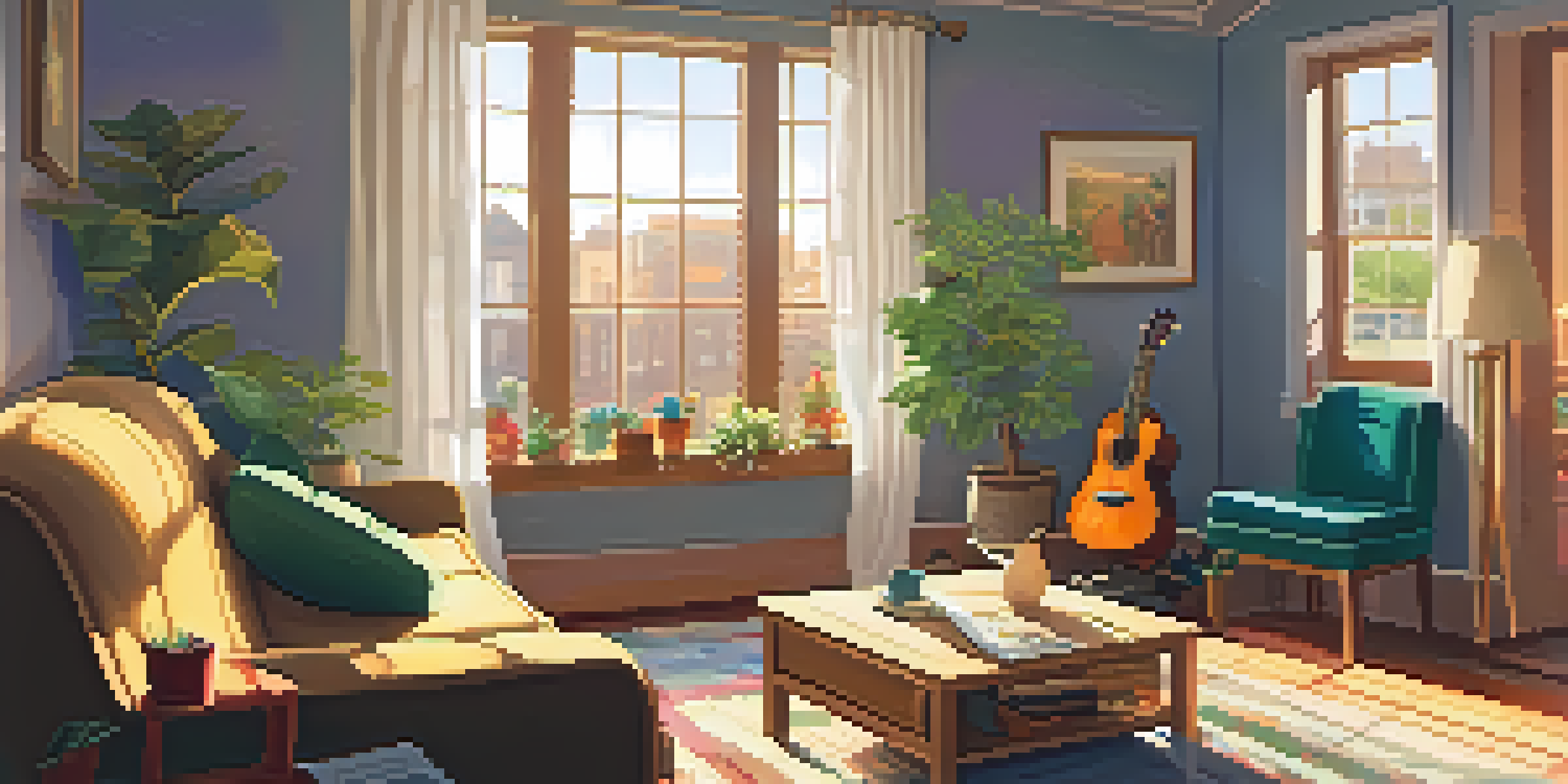 A person playing a ukulele on a sofa with sunlight streaming through a window, creating a warm atmosphere.