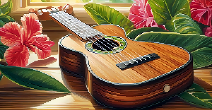 A handcrafted ukulele on a wooden table surrounded by tropical flowers and leaves, illuminated by soft sunlight.