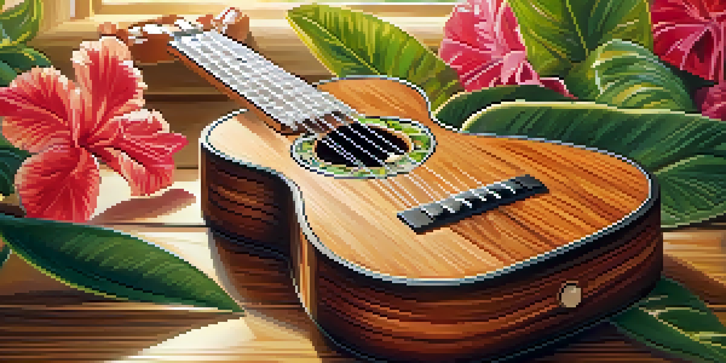 A handcrafted ukulele on a wooden table surrounded by tropical flowers and leaves, illuminated by soft sunlight.