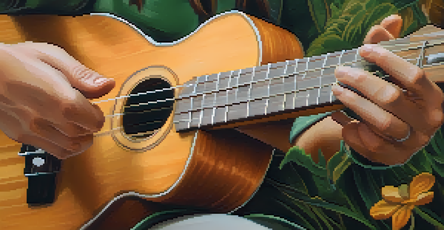 Close-up of a ukulele being played, highlighting the fingers and strings in motion.
