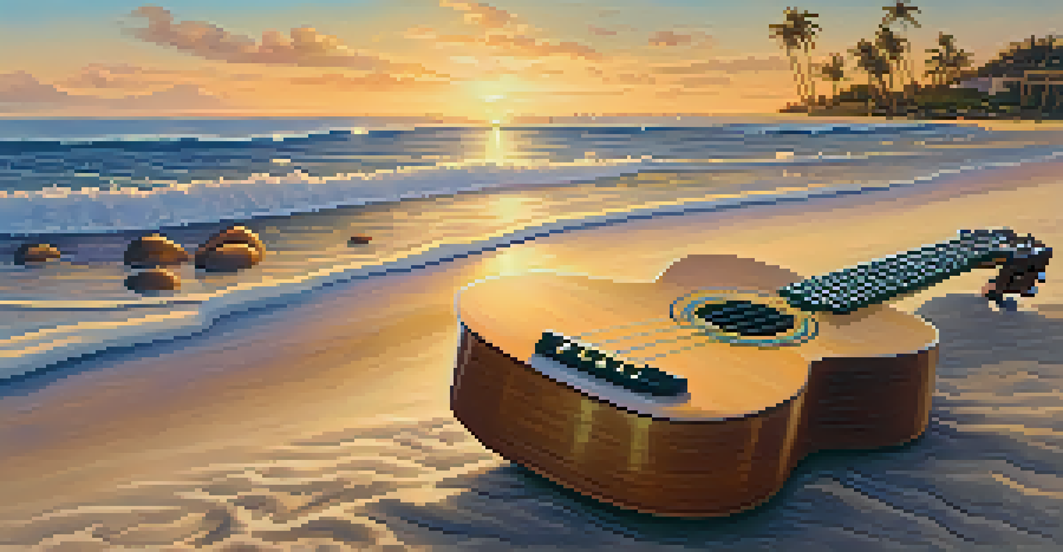 A ukulele on a sandy beach at sunset, with gentle waves and a warm golden glow in the background, evoking a sense of relaxation.