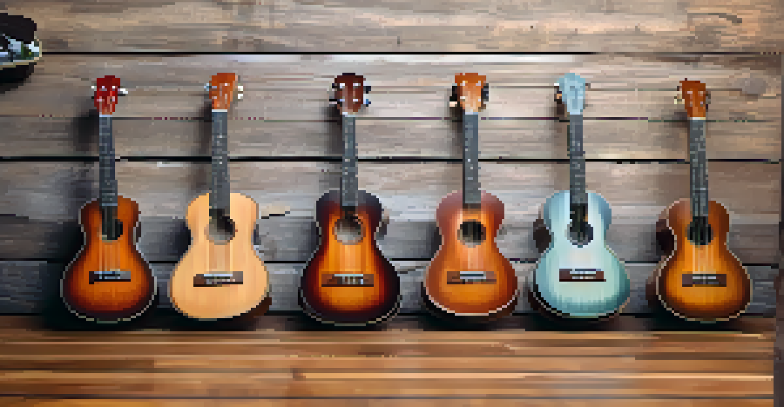 A circular arrangement of various sizes of vintage ukuleles on a rustic wooden floor.