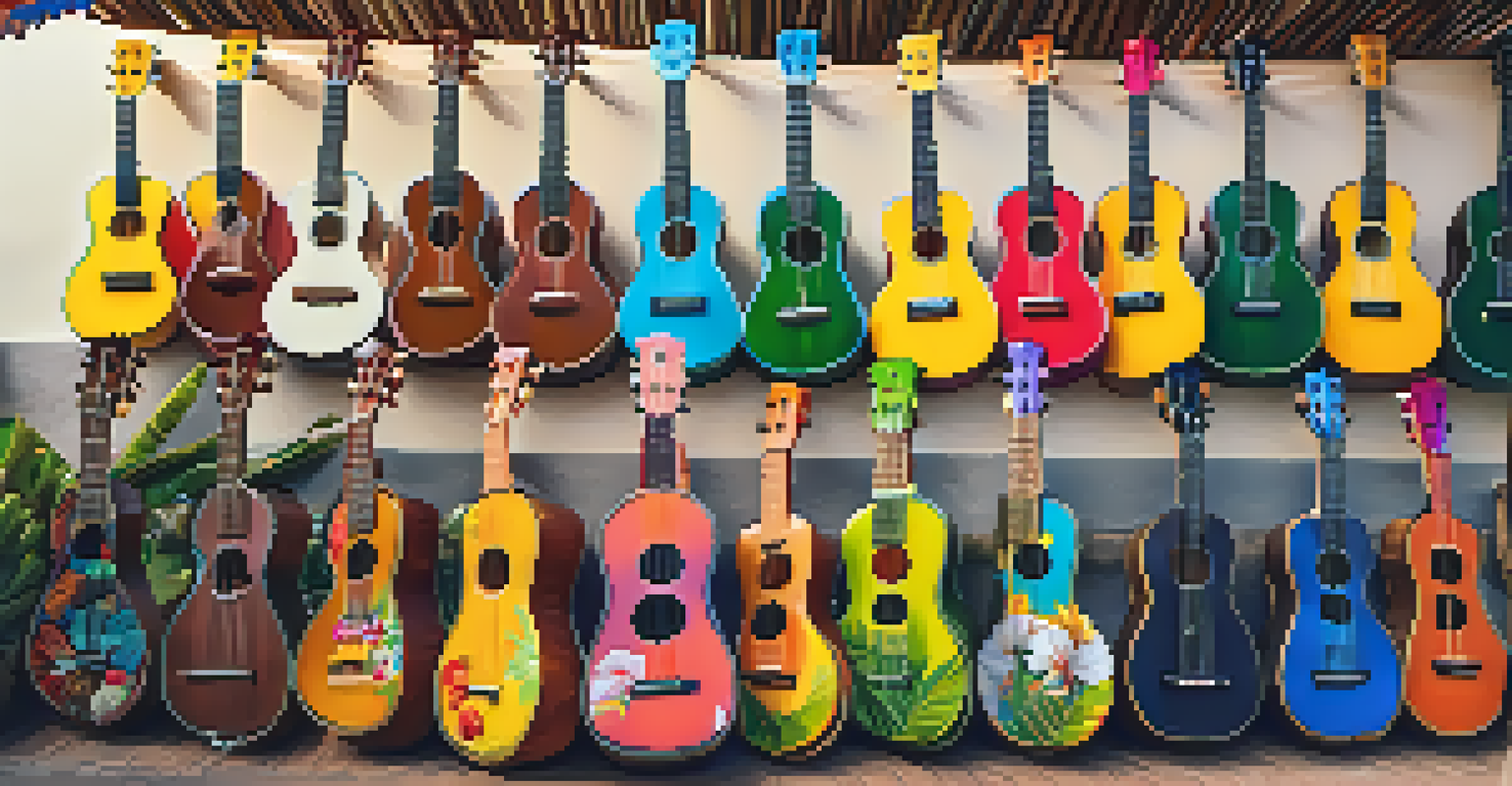 A market stall filled with colorful ukuleles of various sizes, decorated with tropical fabrics and soft sunlight.