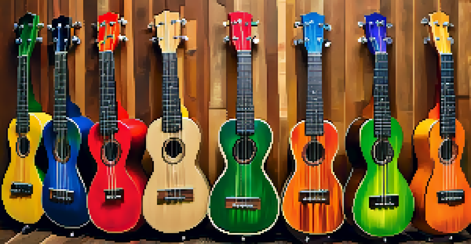 A colorful display of ukuleles made from bamboo and reclaimed wood, highlighting their unique textures and eco-friendly materials.