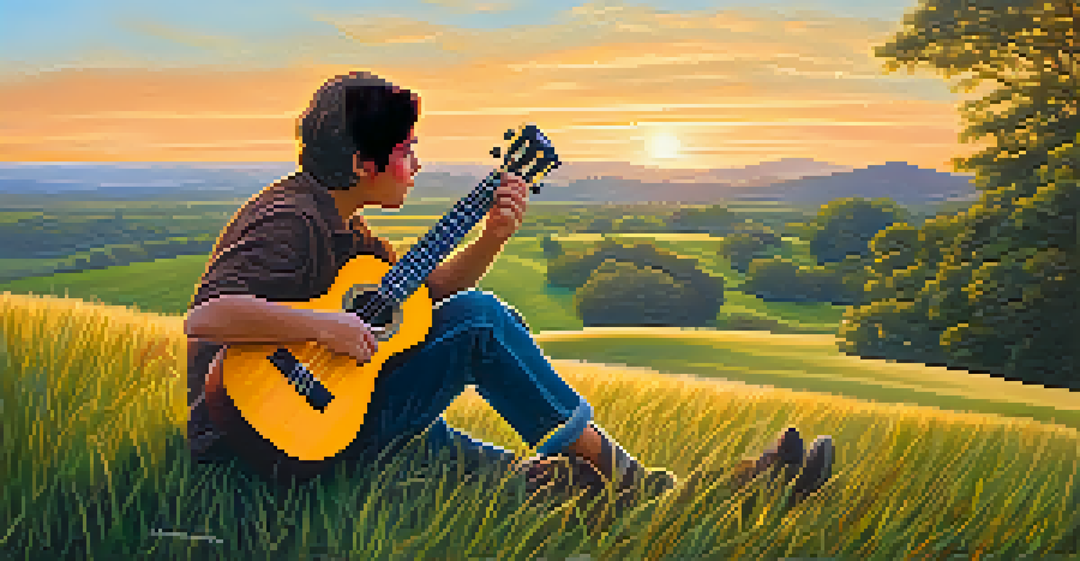A ukulele player tuning their instrument on a grassy hill during sunset, with vibrant sky colors.