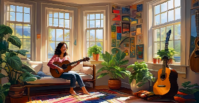 A person playing a ukulele by a sunlit window, surrounded by houseplants and musical decorations.