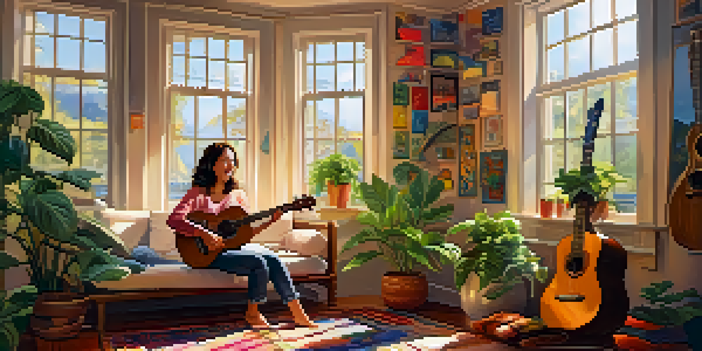 A person playing a ukulele by a sunlit window, surrounded by houseplants and musical decorations.