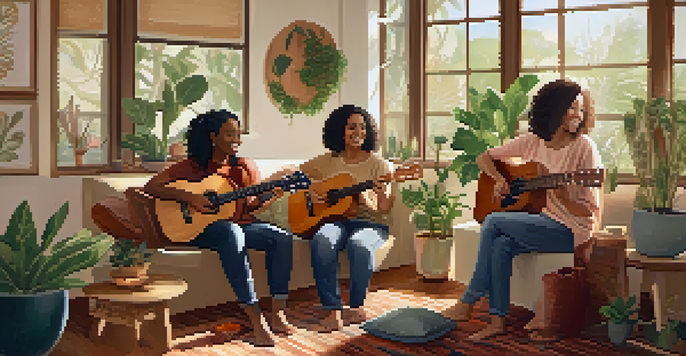 A group of people in a cozy circle playing ukuleles together in a sunlit room, creating a warm and inviting atmosphere.