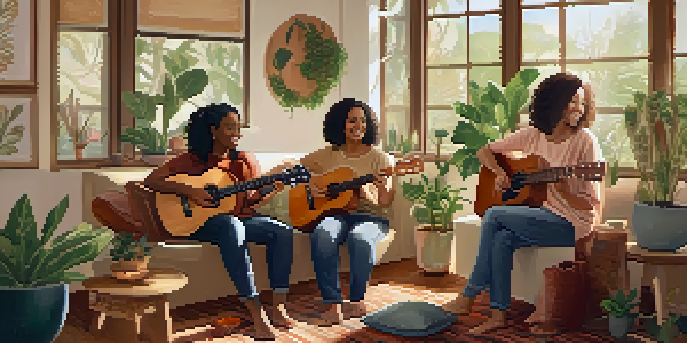 A group of people in a cozy circle playing ukuleles together in a sunlit room, creating a warm and inviting atmosphere.