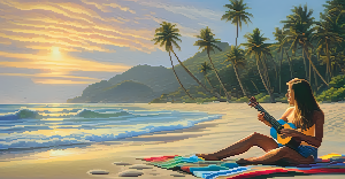 A person playing a ukulele on a beach during sunset, with the sun reflecting on the water and palm trees in the background.