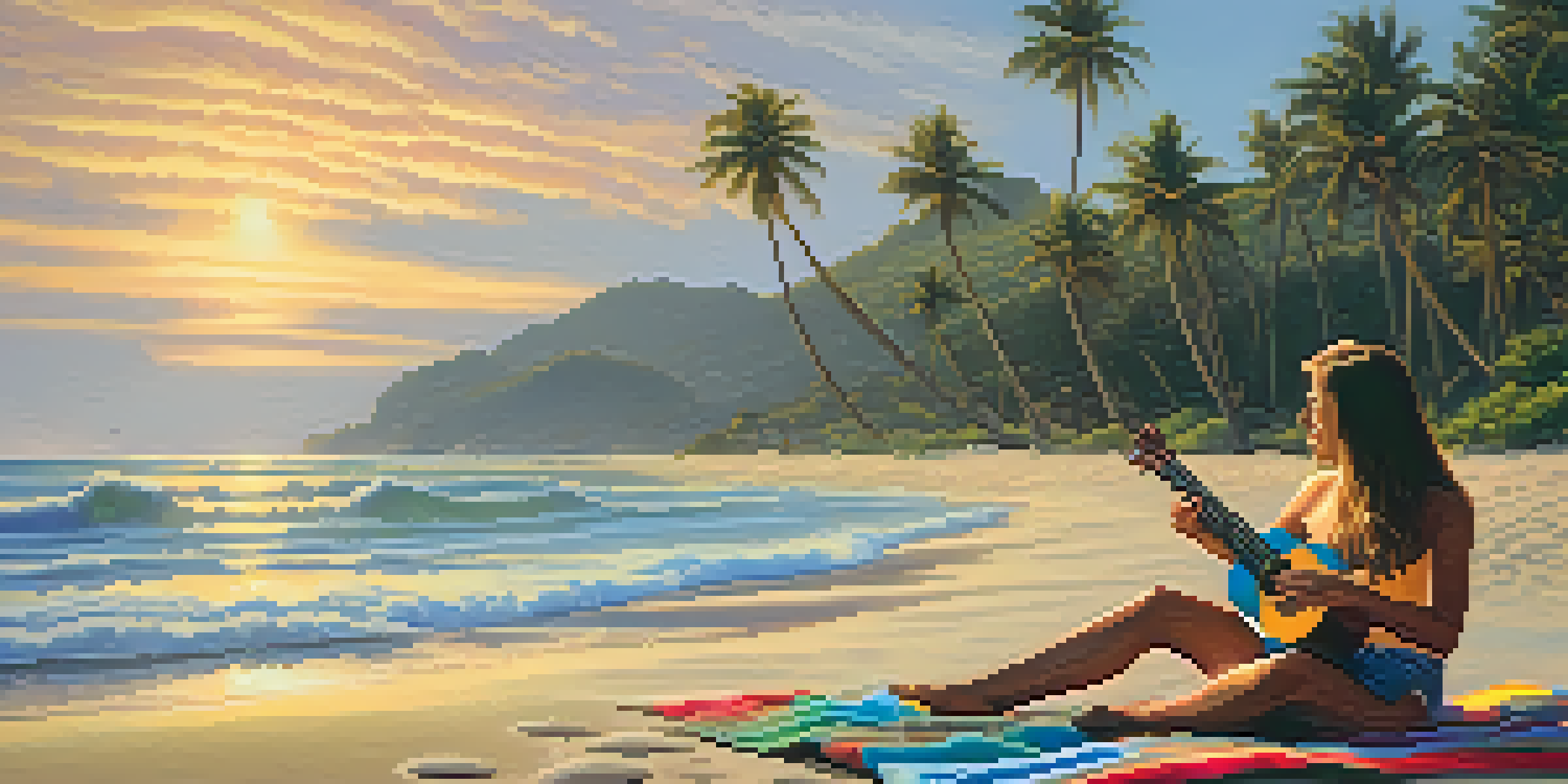 A person playing a ukulele on a beach during sunset, with the sun reflecting on the water and palm trees in the background.