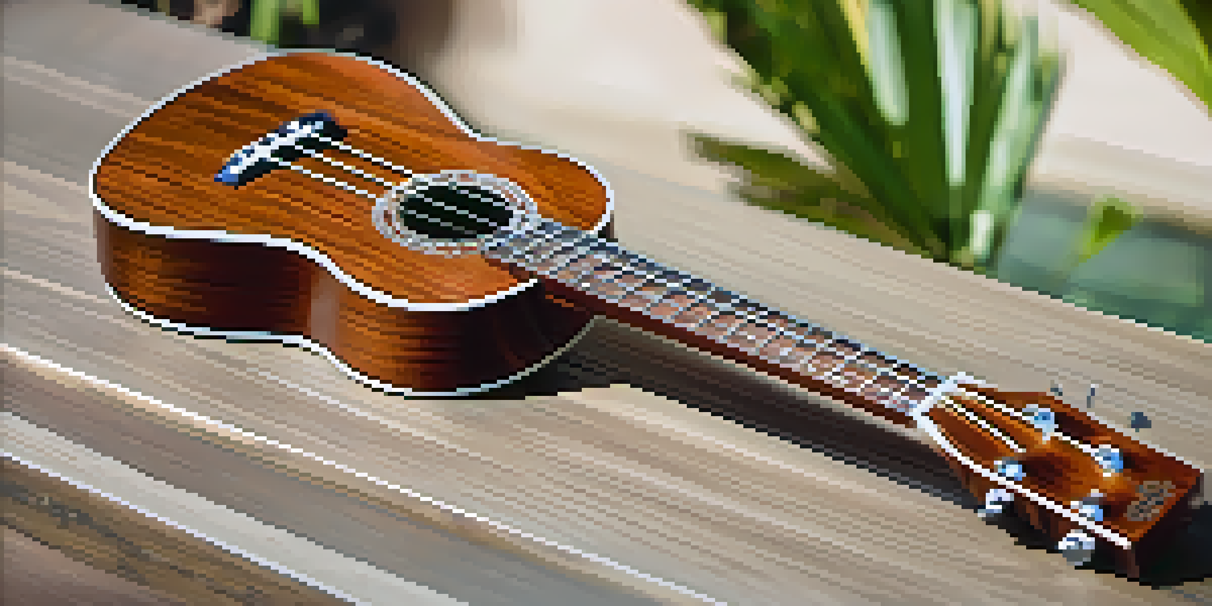 A polished mahogany soprano ukulele on a wooden table with natural light highlighting its curves and a blurred background of tropical plants.