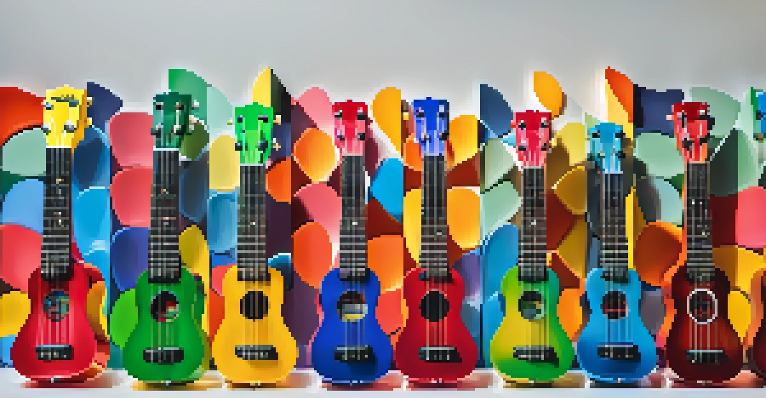 A colorful array of plastic ukuleles displayed at different angles against a bright backdrop.