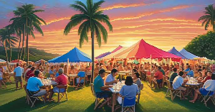 A lively scene of a ukulele festival with musicians playing under colorful tents against a Hawaiian sunset, surrounded by palm trees.