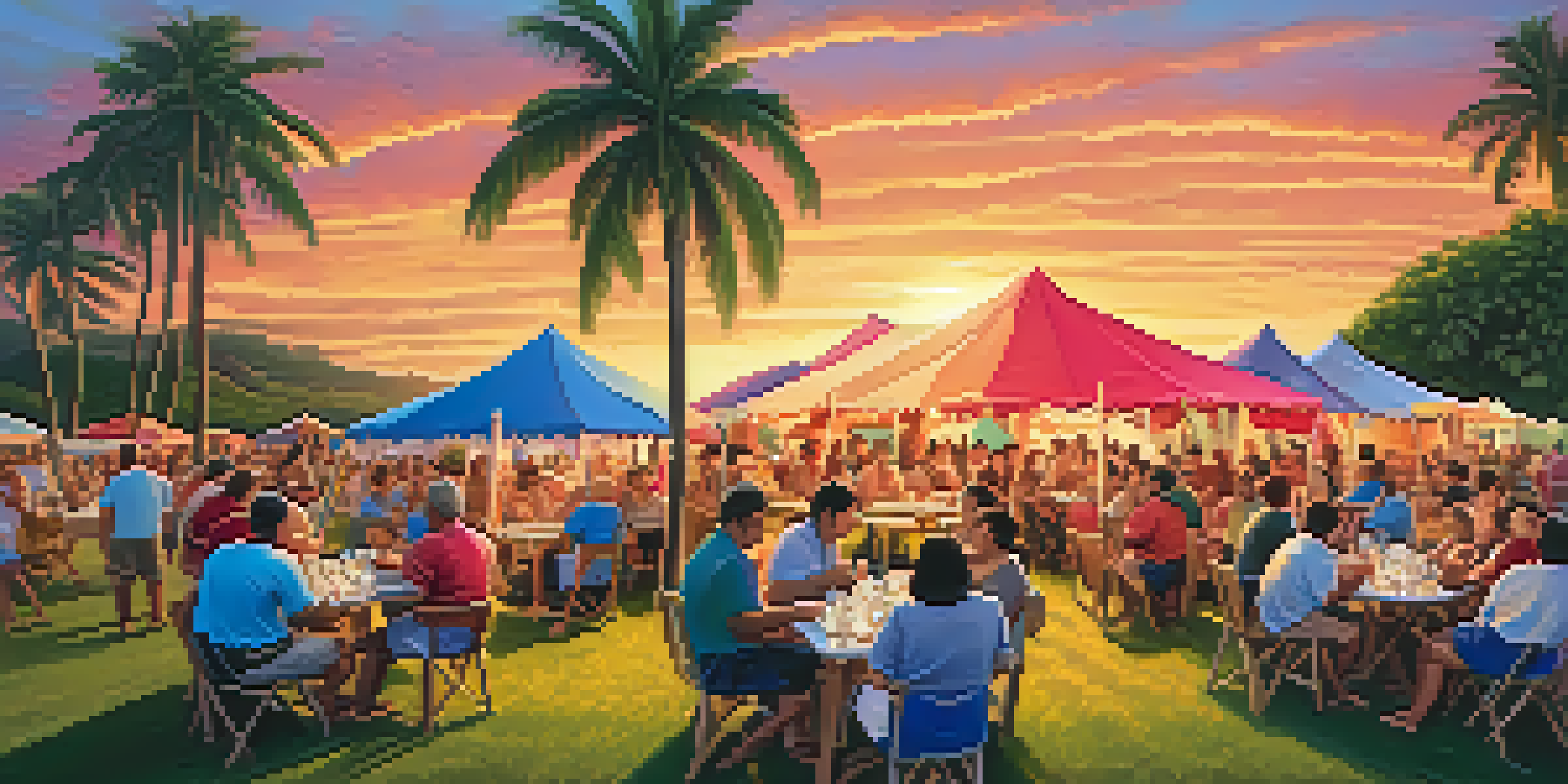 A lively scene of a ukulele festival with musicians playing under colorful tents against a Hawaiian sunset, surrounded by palm trees.