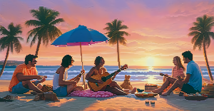 A group of friends enjoying a sunset at the beach, with one person playing the ukulele. The sky is filled with warm colors and there are snacks on a picnic blanket.