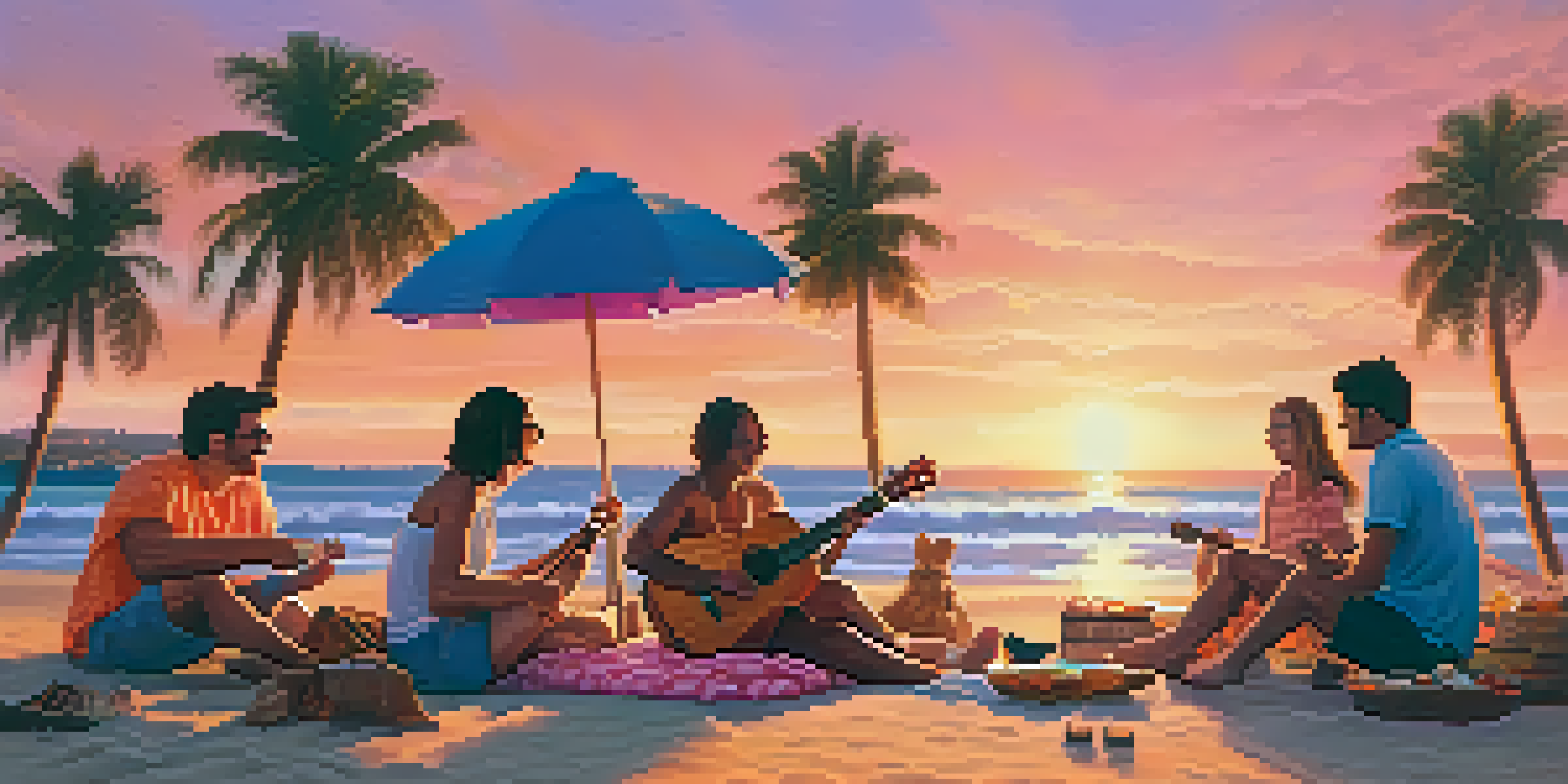 A group of friends enjoying a sunset at the beach, with one person playing the ukulele. The sky is filled with warm colors and there are snacks on a picnic blanket.