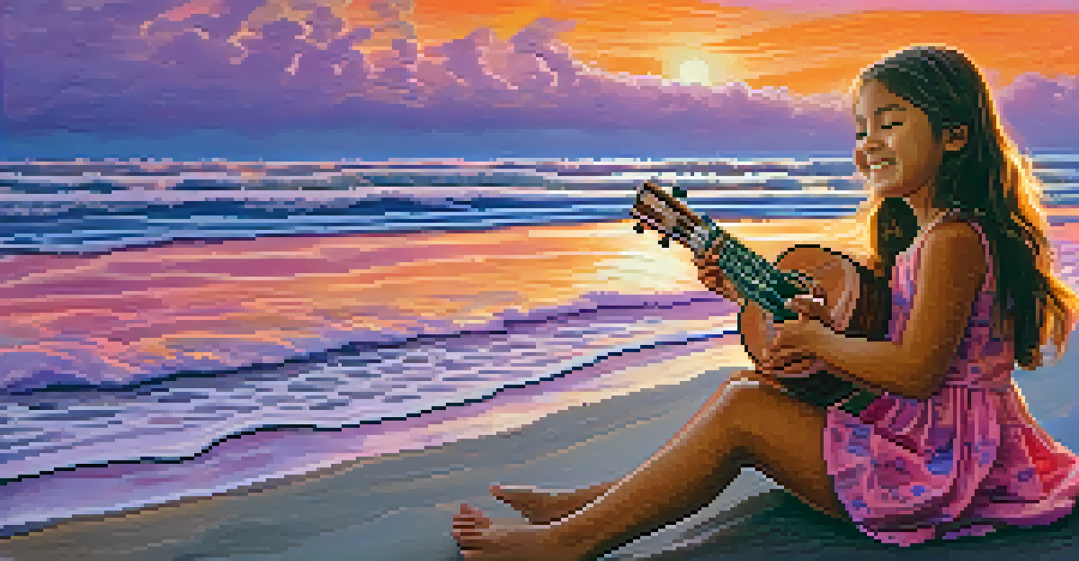 A young girl playing the ukulele on a beach at sunset, with vibrant sky colors reflecting on the water.