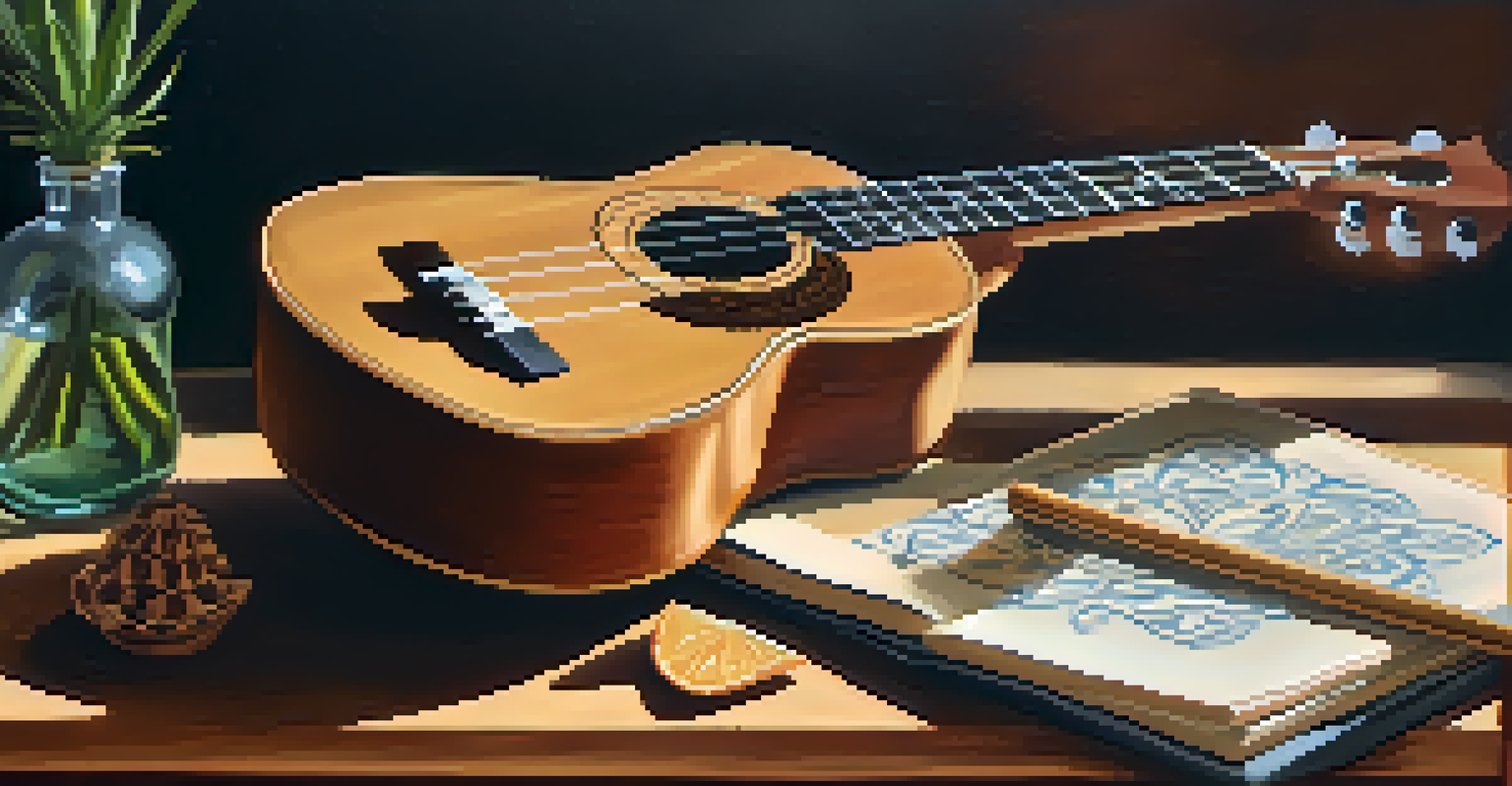 A close-up of hands playing a ukulele with a yoga mat and essential oils in the background.
