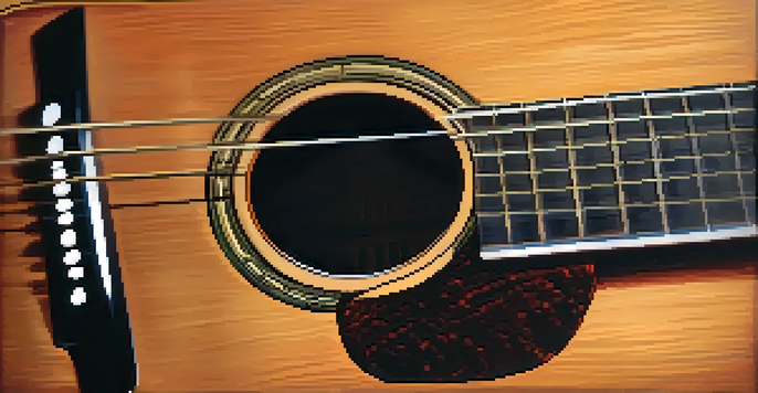 A close-up view of a vintage acoustic guitar with light gauge nylon strings, featuring detailed wood grain and soft lighting in a music studio.
