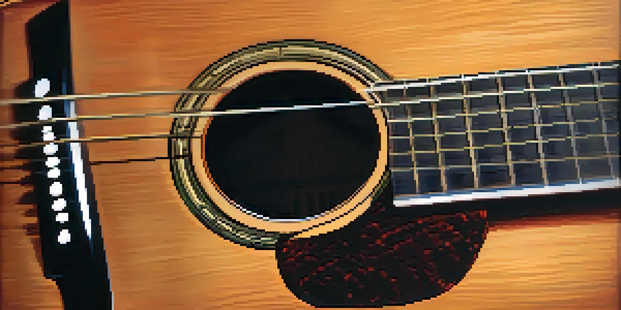 A close-up view of a vintage acoustic guitar with light gauge nylon strings, featuring detailed wood grain and soft lighting in a music studio.