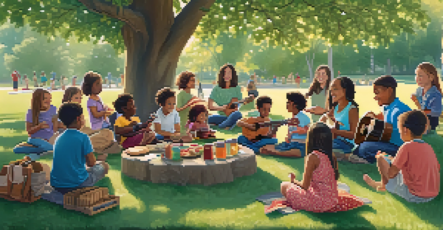 Children of diverse backgrounds playing ukuleles in a park, sitting in a circle with trees and a picnic blanket nearby.