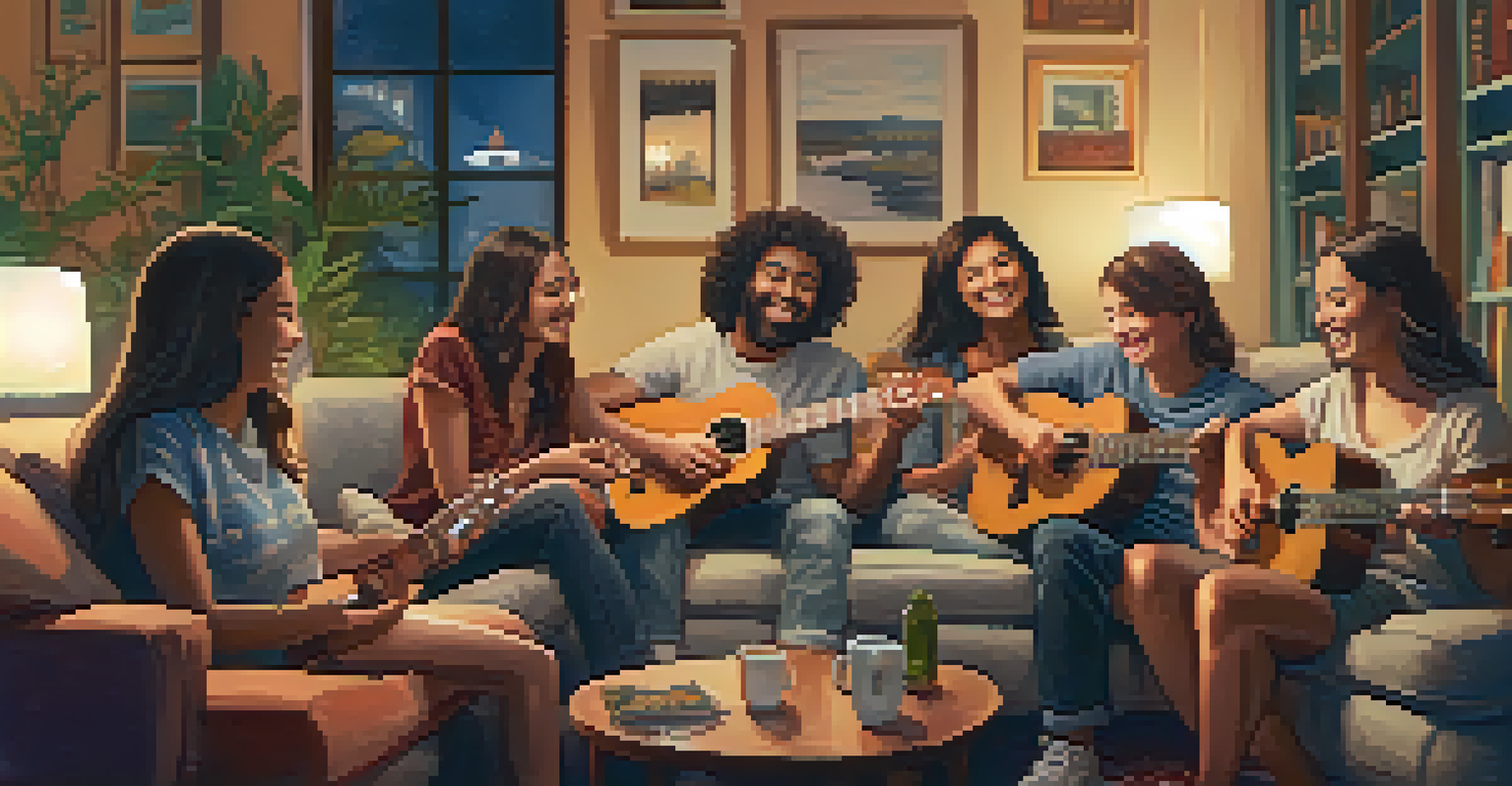 A small group of friends sitting around a coffee table, playing ukuleles in a cozy indoor setting.