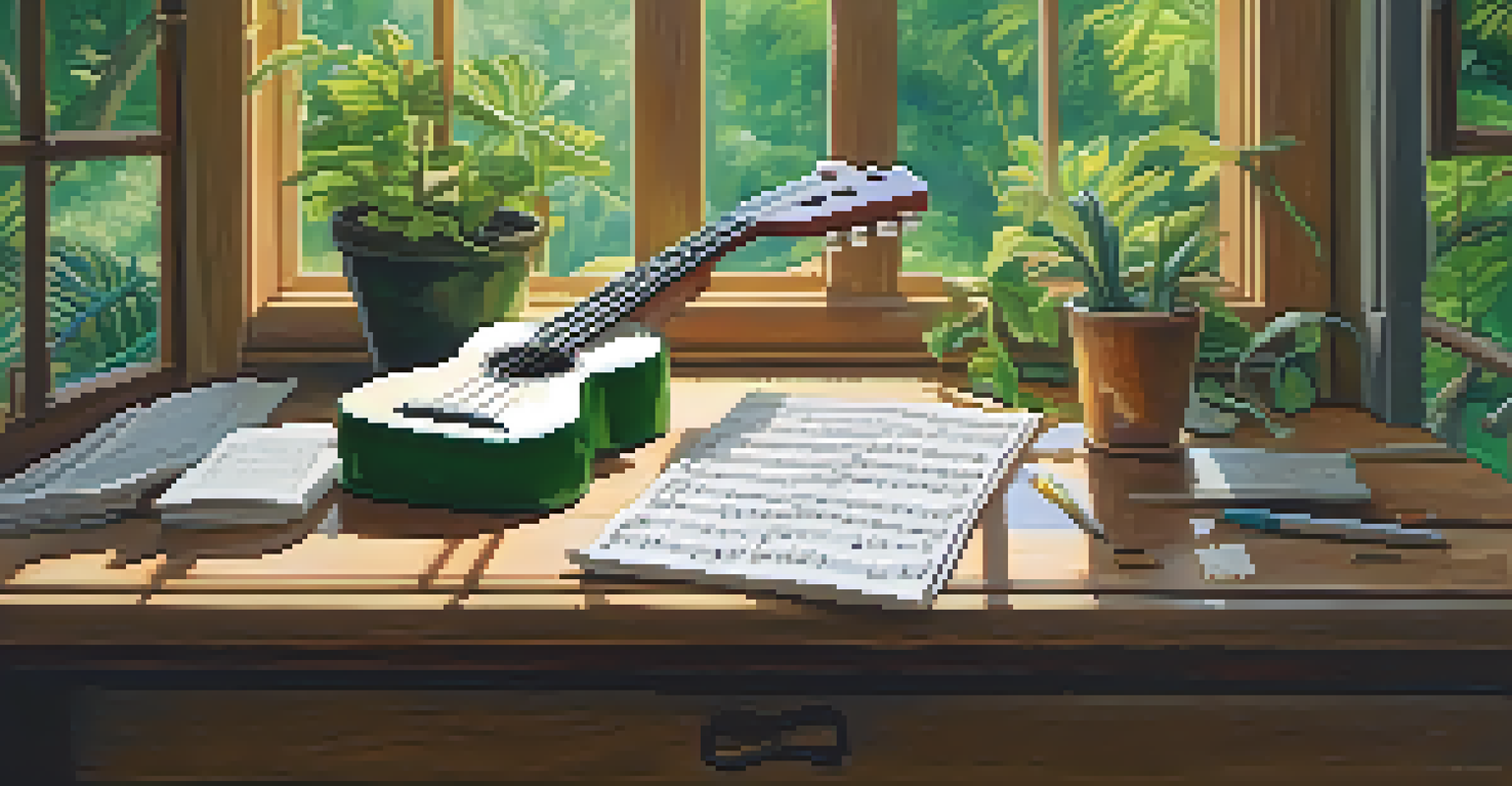 An artist's workspace with a ukulele, sheet music, and a notebook, bathed in natural light with a view of a lush garden outside.