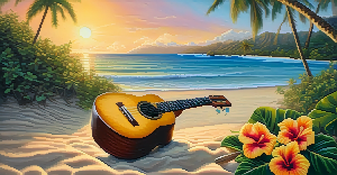 A warm sunset over a beach with a ukulele on the sand, surrounded by palm trees and hibiscus flowers.