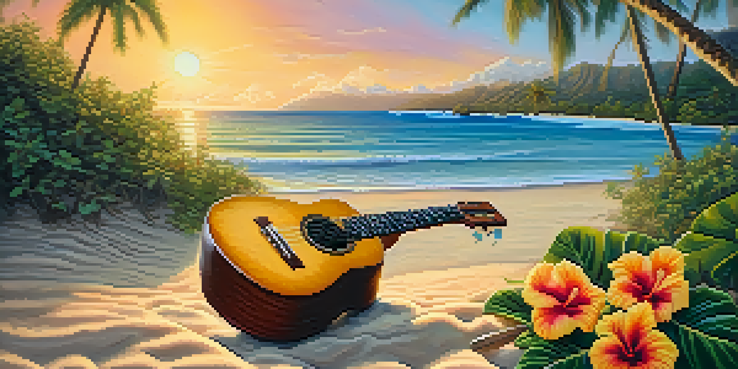 A warm sunset over a beach with a ukulele on the sand, surrounded by palm trees and hibiscus flowers.