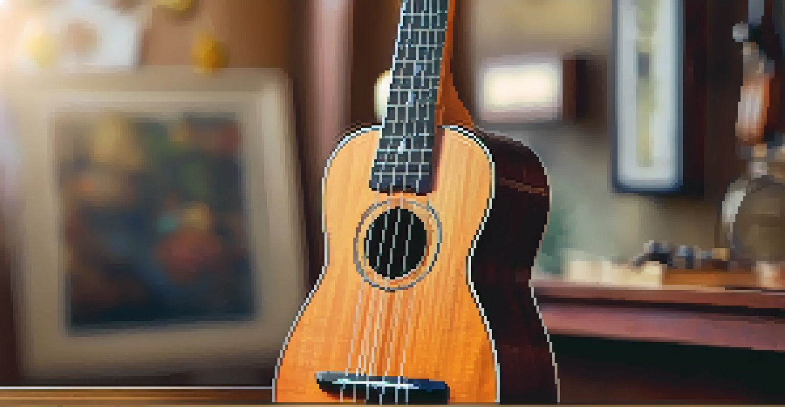 A close-up of a ukulele's headstock, focusing on the tuning pegs and strings with a cozy room blurred in the background.