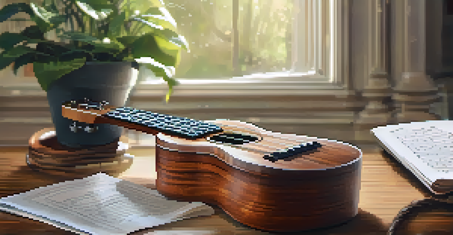A close-up of a ukulele on a wooden table with music sheets and a cup of coffee.