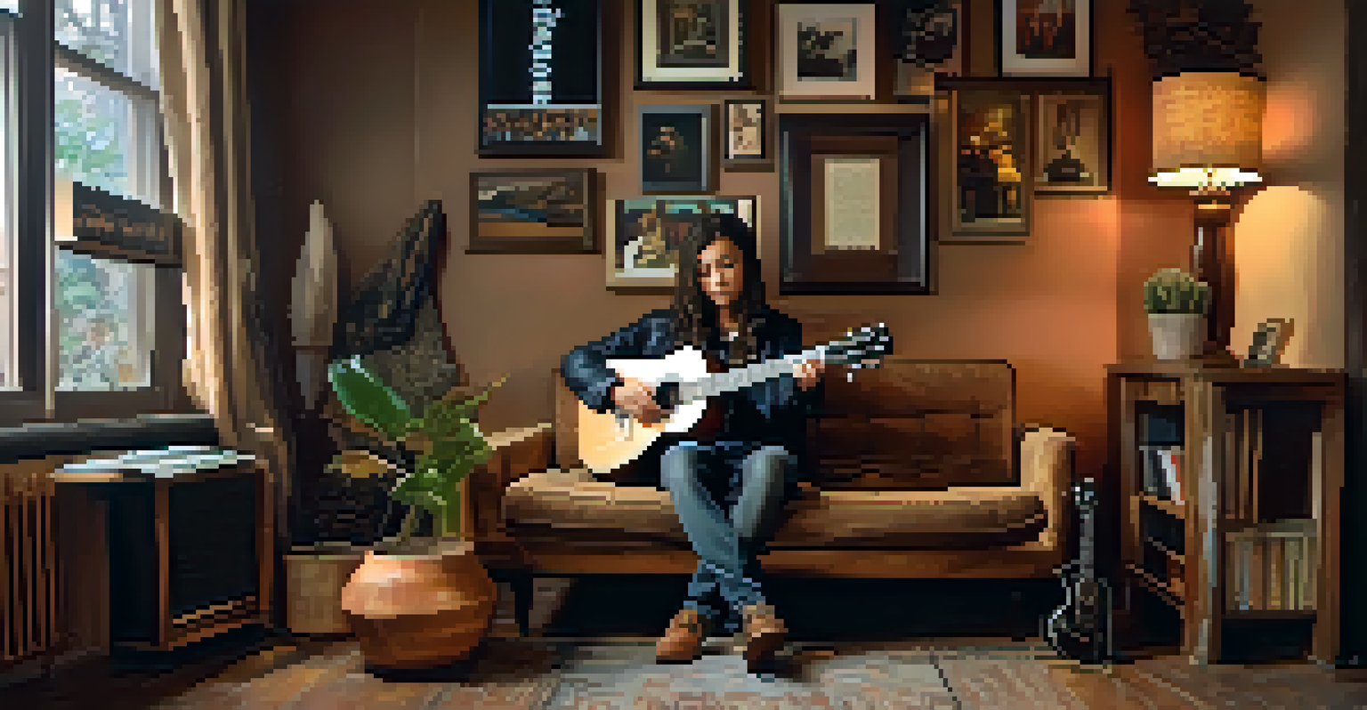 A young musician seated on a cozy couch with a ukulele, surrounded by warm lighting and framed photographs of musical legends.