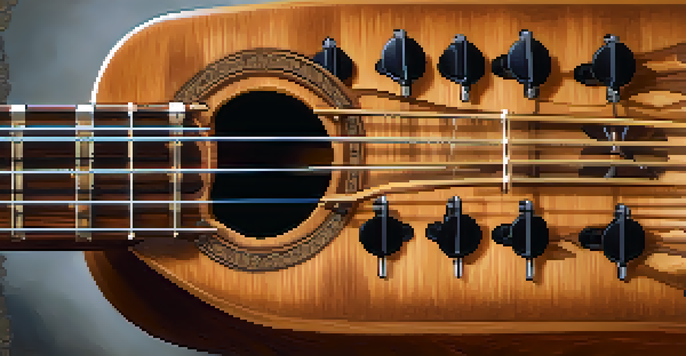 A detailed close-up of a ukulele headstock, highlighting the wood grain and tuning pegs in warm lighting.