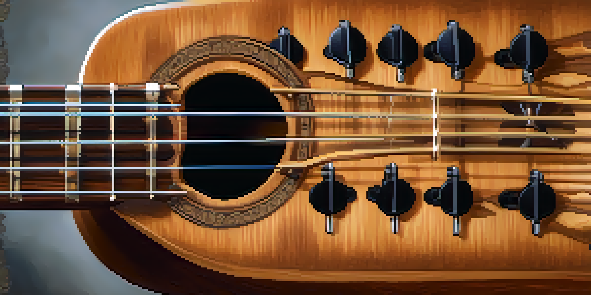 A detailed close-up of a ukulele headstock, highlighting the wood grain and tuning pegs in warm lighting.