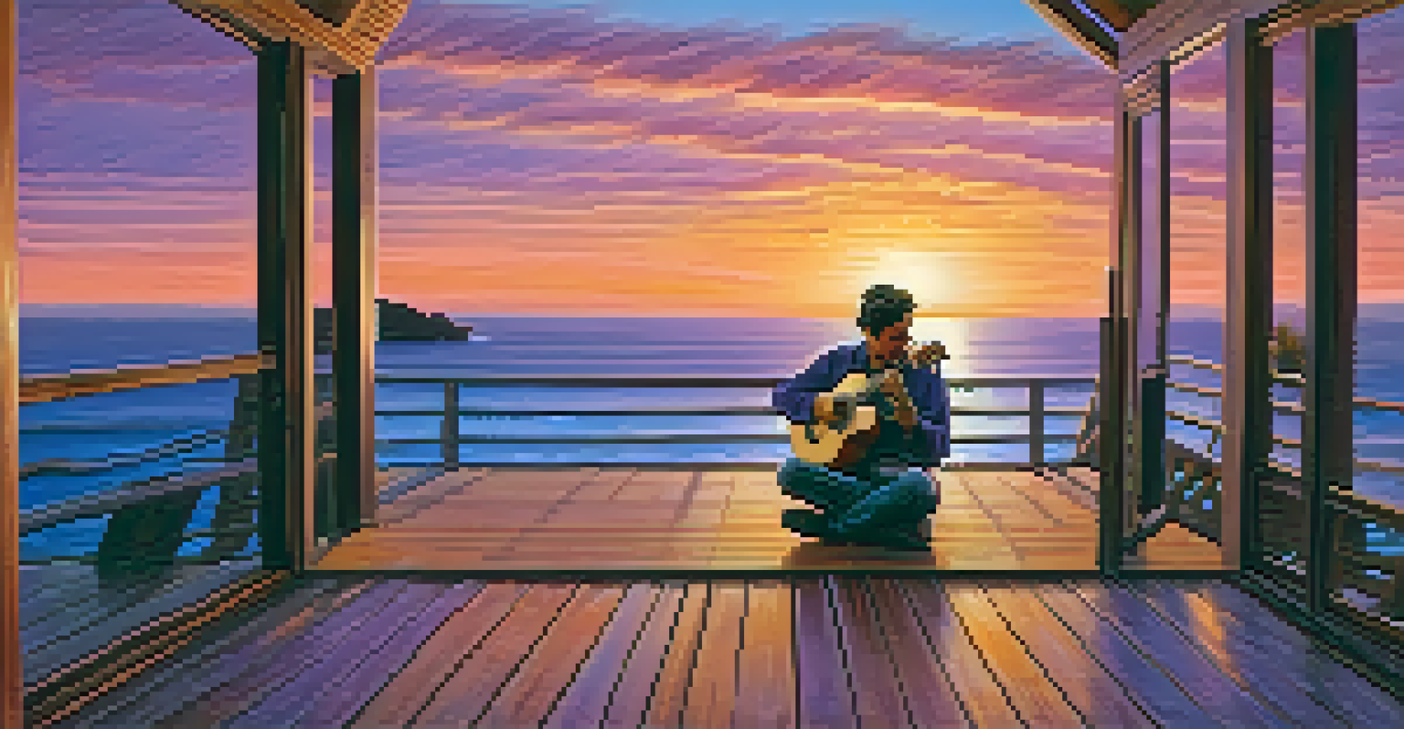A musician playing a ukulele with a capo on a deck during a vibrant sunset over the ocean.