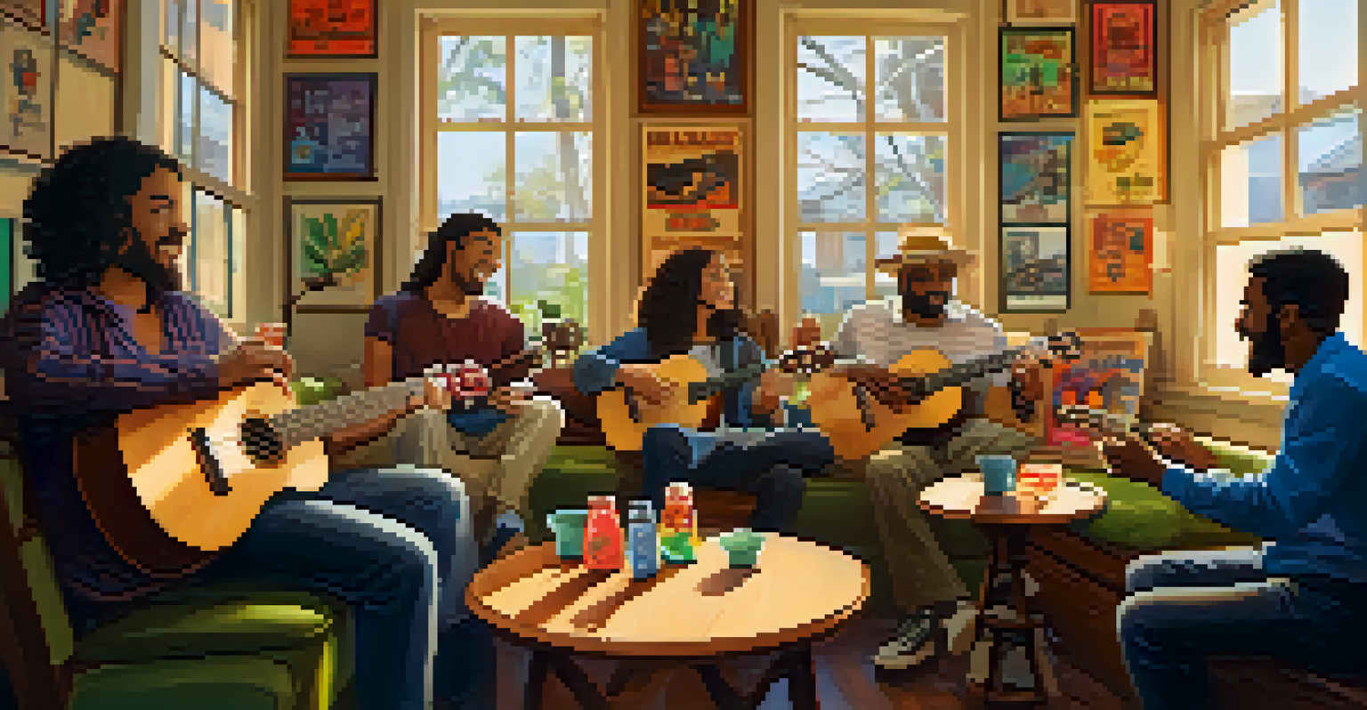 A community jam session with musicians playing ukuleles in a cozy indoor space.