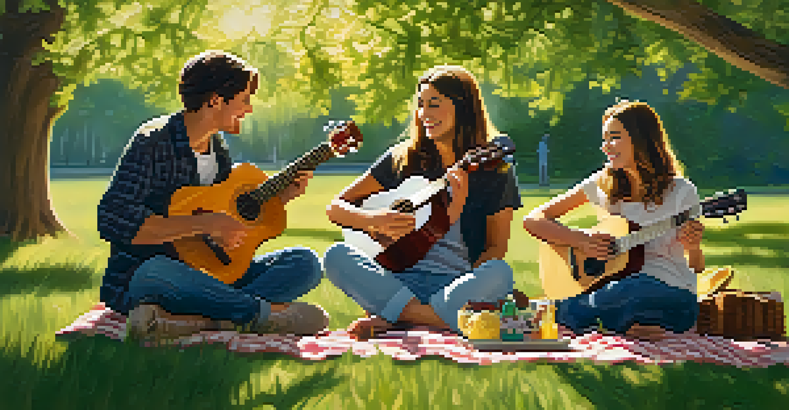 A group of friends enjoying a sunny day in a park, sitting on a picnic blanket while playing ukuleles together, surrounded by greenery and flowers.