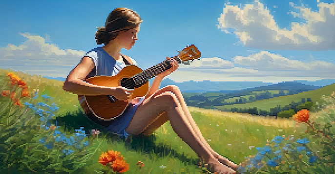 A person playing a ukulele on a grassy hill surrounded by wildflowers under a clear blue sky.
