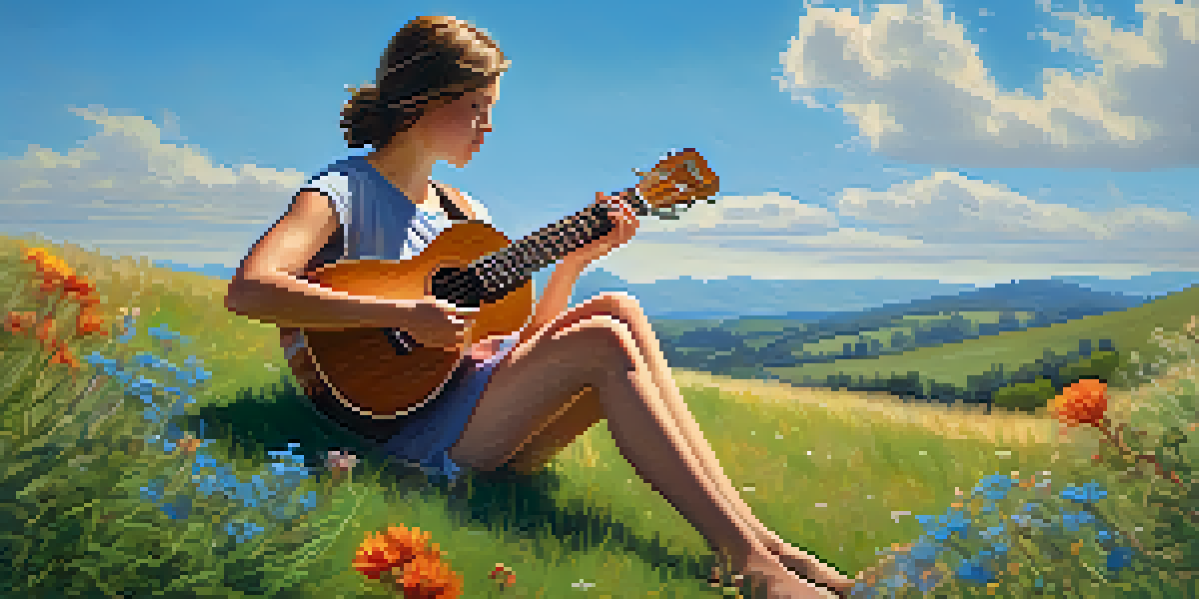 A person playing a ukulele on a grassy hill surrounded by wildflowers under a clear blue sky.