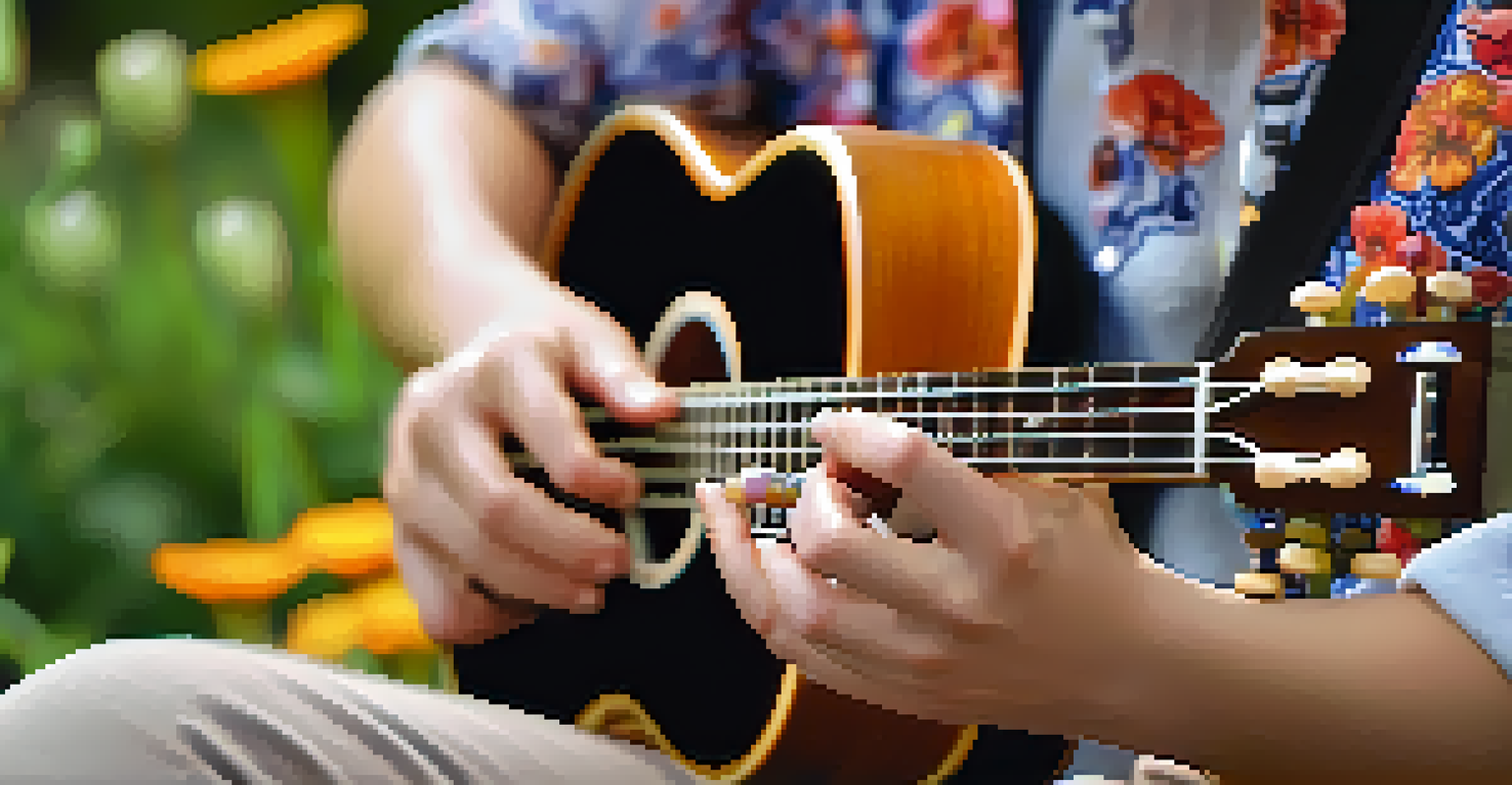 A close-up of hands playing a ukulele with a blurred park background filled with greenery and flowers.