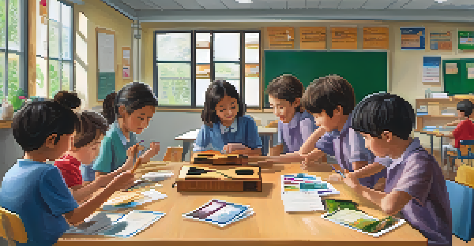 A classroom scene with learners engaged in the 'Strum and Translate' game. One learner strums a ukulele while another thinks, with a timer and translation cards visible.