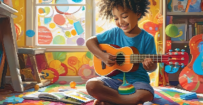 A happy child playing a colorful ukulele in a sunlit room filled with musical notes and vibrant decorations.