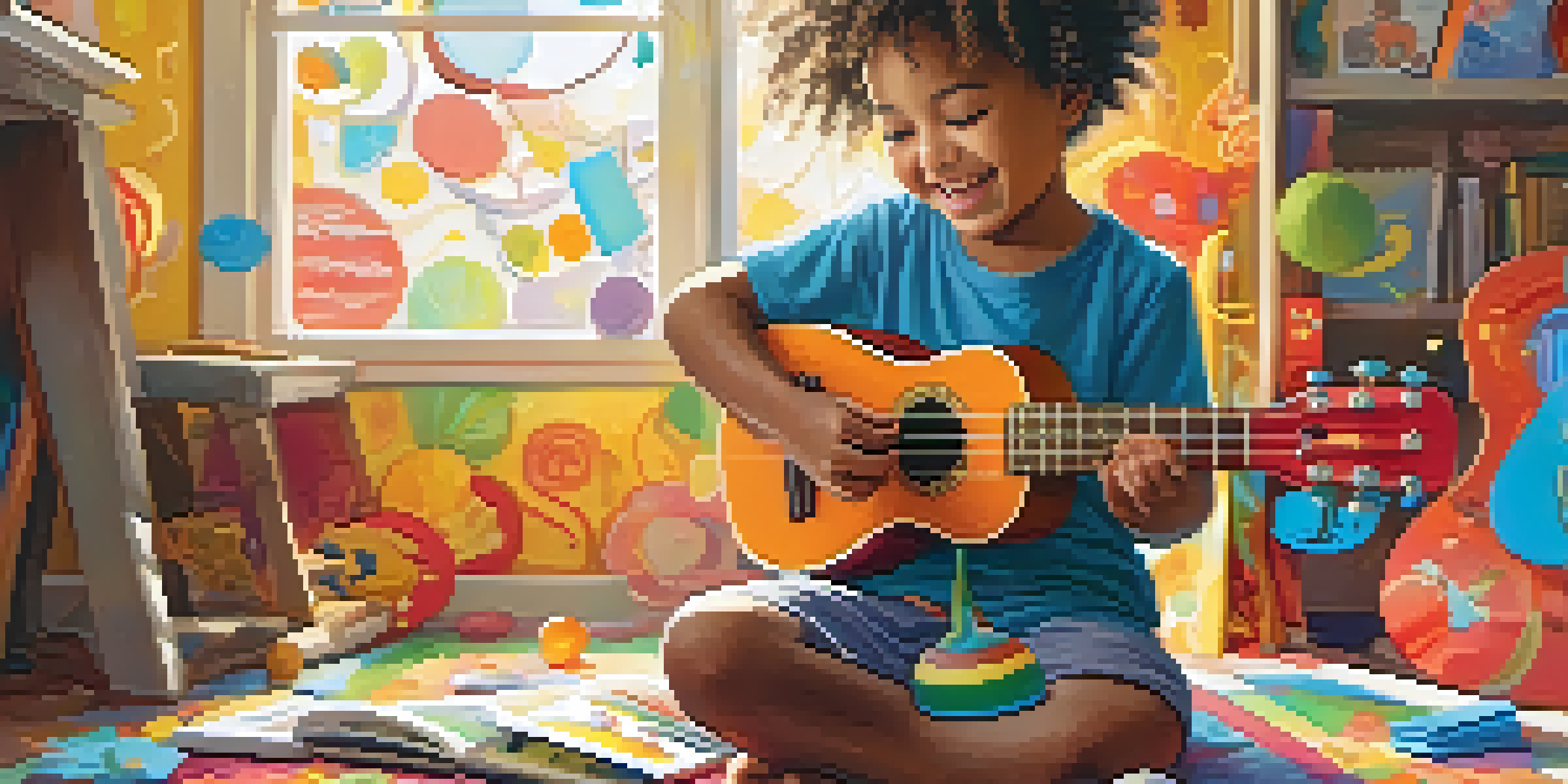 A happy child playing a colorful ukulele in a sunlit room filled with musical notes and vibrant decorations.