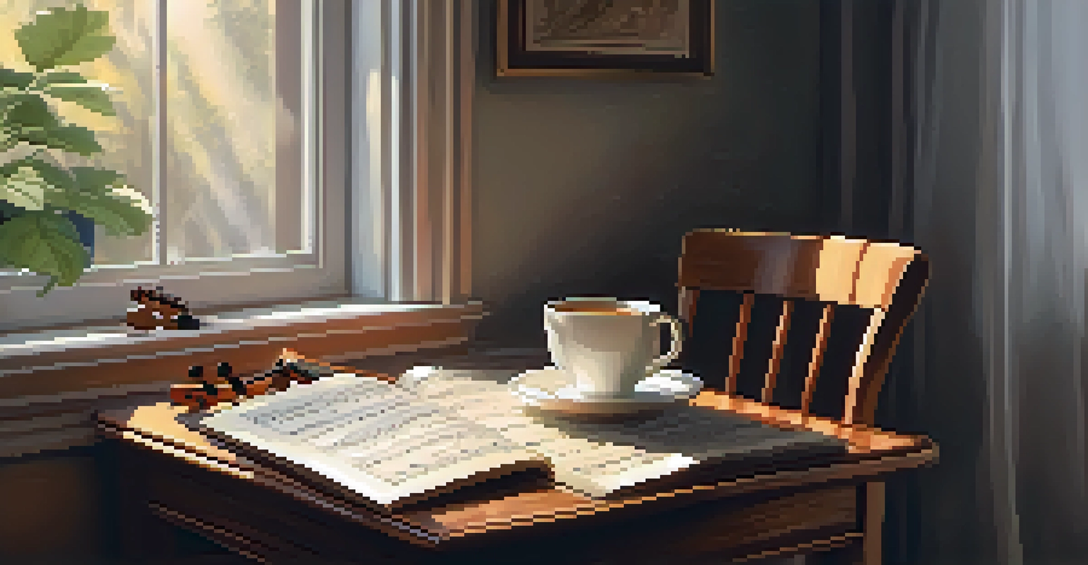 A concert ukulele on a wooden table with sheet music and a cup of tea in a cozy indoor setting.