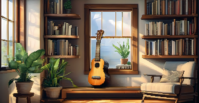 A ukulele on a stand in a cozy room, with natural light and shelves of music books.