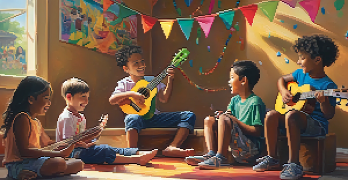 A group of children engaged in a fun ukulele lesson, with one child playing and others watching.
