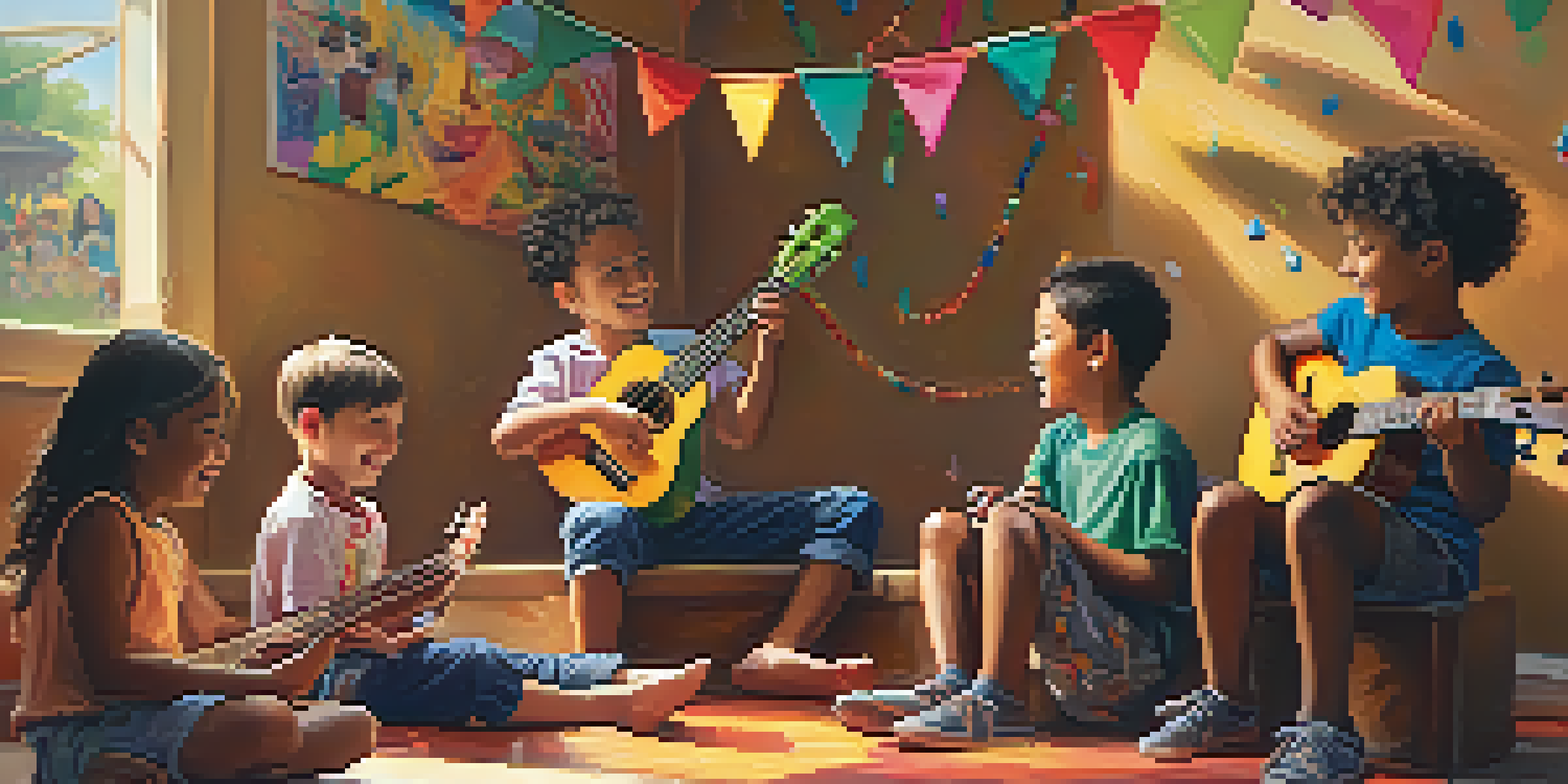 A group of children engaged in a fun ukulele lesson, with one child playing and others watching.