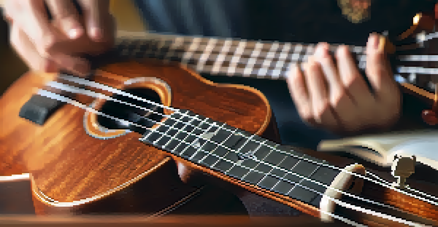 Close-up of hands playing a ukulele, highlighting the instrument's strings and wood texture in a cozy room.